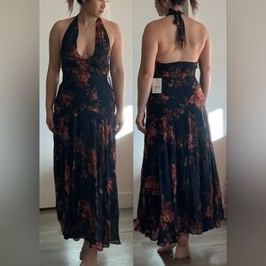 Reformation Briony Lyric Blue Floral Halter Backless Silk Dress
